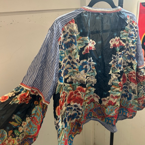 Johnny Was Blue Striped Shirt with Floral Sleeves - Picture 3 of 4